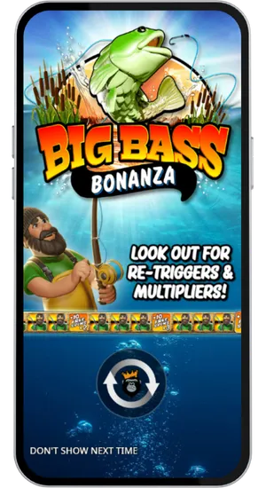 Big Bass Bonanza intro screen with fisherman character and re-triggers multipliers announcement